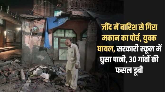Porch of a house collapsed due to rain in Jind, youth injured, water entered government school, crops of 30 villages submerged