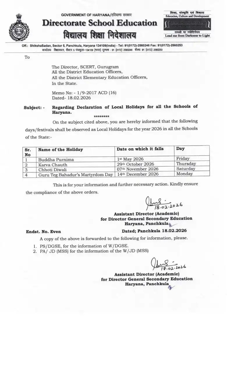 Haryana school holiday: Haryana government declared four new holidays in schools