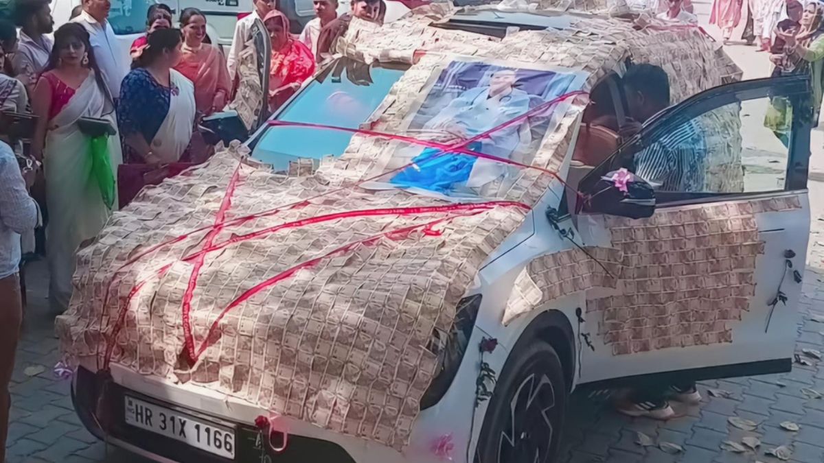 viral video son gifts car mother retirement decorates it with new 10 notes